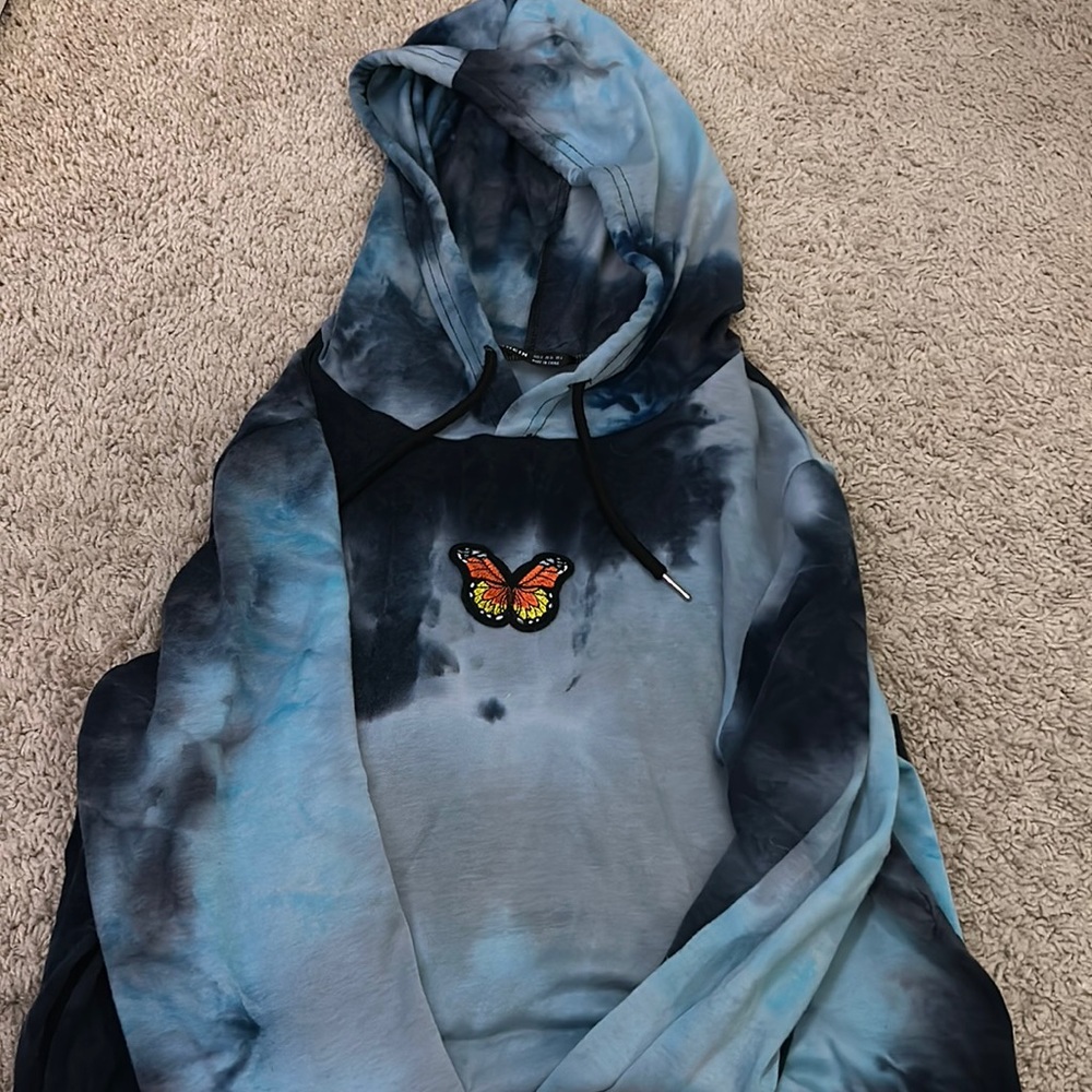 Shein tie-dye hoodie with stitched butterfly.
